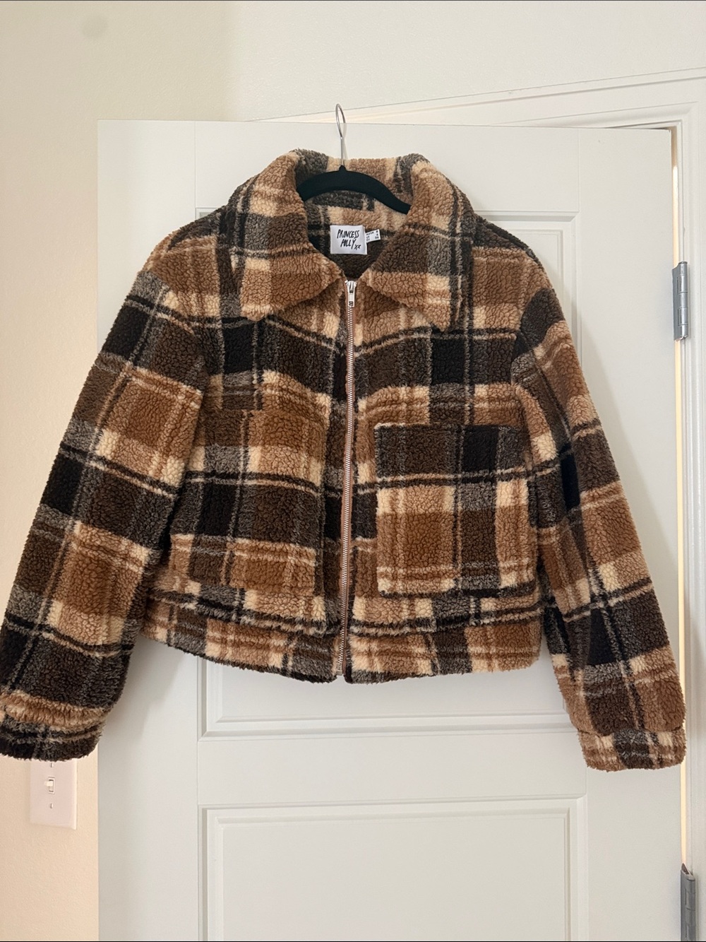 Princess Poly plaid Sherpa Zip-Front Jacket in Brown.